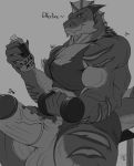  2020 abs anthro aquatic_dragon balls bicep_curl big_balls big_muscles big_pecs big_penis bottle clothing dragon dumbbell english_text erection exercise frill_(anatomy) genitals greyscale growth hi_res holding_bottle holding_object huge_balls huge_muscles huge_penis looking_at_object male marine membrane_(anatomy) membranous_frill monochrome muscle_growth muscular muscular_anthro muscular_arms muscular_male pecs penis shirt solo tank_top text topwear torn_clothing vein veiny_penis weightlifting weights workout zawn 