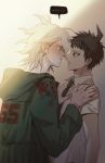  ... 2boys ahoge arm_at_side blush brown_eyes brown_hair coat collared_shirt commentary_request danganronpa_(series) danganronpa_2:_goodbye_despair eye_contact from_side green_coat green_neckwear hand_on_another&#039;s_chest hand_on_another&#039;s_shoulder hinata_hajime hood hood_down hooded_coat komaeda_nagito looking_at_another male_focus messy_hair multiple_boys necktie pale_skin parted_lips ppap_(11zhakdpek19) profile shirt short_hair short_sleeves spiked_hair spoken_ellipsis sweat white_shirt yaoi 