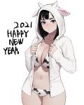  1girl 2021 animal_ears animal_print bangs bikini black_hair breasts cleavage closed_mouth collarbone commentary cow_hood cow_print cowboy_shot dongho_kang fake_animal_ears hair_ornament hairclip hands_up happy_new_year highres hood hood_up hoodie large_breasts long_sleeves looking_at_viewer medium_hair navel new_year open_clothes original simple_background solo swimsuit thighs white_background white_hoodie 