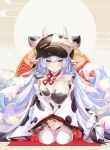  1girl absurdres animal_ears animal_print blue_hair breasts cleavage cow_ears cow_hood cow_horns cow_print detached_sleeves draph earrings granblue_fantasy highres horns jewelry large_breasts long_hair looking_at_viewer navel red_eyes shatola_(granblue_fantasy) sheer_clothes shionji_ax sitting solo very_long_hair wariza white_legwear wide_sleeves 