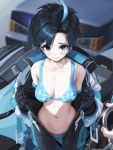  1girl ahoge bare_shoulders bikini black_gloves black_hair black_survival blue_bikini blue_eyes blue_hair blush breasts car cleavage closed_mouth collarbone commentary_request cowboy_shot cuffs earrings glint gloves ground_vehicle handcuffs jewelry letdie1414 looking_at_viewer medium_breasts motor_vehicle motorcycle multicolored_hair off_shoulder open_clothes police_car pov pussy_juice pussy_juice_drip_through_clothes short_hair silvia_piquet smile solo_focus stud_earrings swimsuit two-tone_hair undressing unzipped 