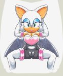  anthro armwear breasts chiropteran cleavage clothed clothing elbow_gloves female fours_(artist) genitals gloves green_eyes handwear hi_res legwear lipstick looking_at_viewer makeup mammal mascara plump_labia pussy rouge_the_bat sitting solo sonic_the_hedgehog_(series) stockings tight_clothing 
