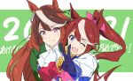  2021 2girls ;d animal_ears blue_gloves bow brown_hair eyebrows_visible_through_hair gloves green_background hair_bow highres horse_ears horse_girl long_hair looking_at_viewer multicolored_hair multiple_girls one_eye_closed open_mouth pink_bow pink_eyes red_hair smile streaked_hair symboli_rudolf_(umamusume) tokai_teio two-tone_background umamusume umanosuke upper_body v white_background white_hair 