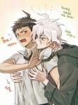  2boys :o bangs blush brown_eyes brown_hair coat commentary_request danganronpa_(series) danganronpa_2:_goodbye_despair dress_shirt grabbing grabbing_from_behind green_coat green_neckwear grey_hair hand_up hinata_hajime hooded_coat komaeda_nagito long_sleeves looking_at_another male_focus medium_hair messy_hair multiple_boys necktie open_mouth pectoral_grab ppap_(11zhakdpek19) rejection shirt short_hair short_sleeves sweat translation_request upper_body upper_teeth yaoi 