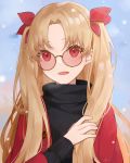  1girl :d alternate_costume bangs black_sweater blonde_hair blush bow ereshkigal_(fate/grand_order) fate/grand_order fate_(series) hair_bow hand_up highres jacket long_hair long_sleeves looking_at_viewer open_clothes open_jacket open_mouth red_bow red_eyes red_jacket round_eyewear short_hair smile solo sweater turtleneck turtleneck_sweater two_side_up upper_body younomiti 
