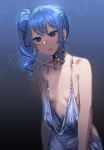  1girl :d absurdres azur_lane bangs bare_shoulders black_background blue_background blue_eyes blue_hair bow_(bhp) breast_conscious breasts choker collarbone color_connection cosplay disconnected_mouth dress earrings empty_eyes eyebrows_visible_through_hair gradient gradient_background grey_background grey_dress hair_between_eyes halter_dress highres hololive hoshimachi_suisei jewelry long_hair look-alike open_mouth outline oversized_clothes see-through shiny shiny_skin side_ponytail sidelocks silver_dress small_breasts smile solo spaghetti_strap st._louis_(azur_lane) st._louis_(azur_lane)_(cosplay) st._louis_(luxurious_wheels)_(azur_lane) standing star_(symbol) star_choker star_earrings star_in_eye starry_background symbol_in_eye virtual_youtuber 