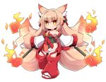  &gt;:) 1girl animal_ears bangs bare_shoulders bell black_leotard blush breasts brown_eyes brown_hair closed_mouth copyright_request detached_pants detached_sleeves eyebrows_visible_through_hair fox_ears fox_girl fox_tail full_body gohei hair_between_eyes highres hitodama holding jingle_bell kitsune leotard long_hair long_sleeves medium_breasts multiple_tails naga_u red_footwear short_eyebrows simple_background smile socks solo standing standing_on_one_leg tabi tail thick_eyebrows two_tails v-shaped_eyebrows very_long_hair white_background white_legwear white_sleeves wide_sleeves zouri 