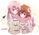  2girls bangs blush brown_coat chiyoda_momo coat cold commentary_request curled_horns demon_girl demon_horns demon_tail eyebrows_visible_through_hair hair_ornament highres horns long_sleeves looking_at_viewer machikado_mazoku mel_(melty_pot) multiple_girls pink_hair pink_scarf plaid plaid_scarf red_eyes red_hair scarf shared_scarf short_hair smile tail x_hair_ornament yoshida_yuuko_(machikado_mazoku) 