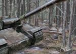  absurdres caterpillar_tracks day english_commentary enjinedison forest ground_vehicle hat helmet highres military military_hat military_vehicle motor_vehicle nature no_humans original panzerkampfwagen_panther scenery signature tank tree weapon 
