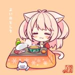  1girl :3 animal animal_ear_fluff animal_ears antenna_hair bangs blush bottle brown_background cat cat_ears cat_girl cat_tail chibi chopsticks closed_eyes closed_mouth commentary_request eyebrows_behind_hair facing_viewer food fruit full_body holding holding_chopsticks kotatsu light_brown_hair long_hair long_sleeves mandarin_orange open_clothes original ryuuka_sane shadow simple_background sleeves_past_wrists solo steam table tail translation_request two_side_up very_long_hair wide_sleeves 