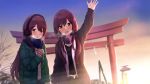  2girls :d arm_up bangs black_shirt blue_scarf blurry blurry_background blush breath brown_eyes brown_hair brown_jacket commentary_request depth_of_field earmuffs eyebrows_visible_through_hair fringe_trim gloves green_jacket grey_gloves hair_between_eyes highres idolmaster idolmaster_shiny_colors jacket long_hair long_sleeves looking_at_viewer multiple_girls oosaki_amana oosaki_tenka open_clothes open_jacket open_mouth outdoors railing scarf shirt siblings sisters smile suzuki_puramo torii twins upper_body very_long_hair white_jacket 