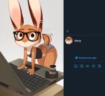  2020 absurd_res anthro brown_body brown_eyes brown_fur camera cider_(ciderbunart) clothed clothing computer ear_piercing ear_ring english_text eyewear female fully_clothed fur glasses hi_res lagomorph laptop leporid looking_at_viewer mammal piercing pointedfox rabbit solo text white_body white_fur 