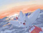  :d above_clouds bag blush breath brown_eyes commentary_request flying gen_4_pokemon happi_xfyg holding no_humans open_mouth outdoors pokemon pokemon_(creature) smile solo togekiss tongue 