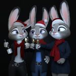  1:1 2020 3d_(artwork) alcohol anthro beverage bottle christmas christmas_clothing christmas_headwear claws clothing digital_media_(artwork) disney eyebrows eyelashes female female/female fingers fur grey_body grey_fur group hat headgear headwear hi_res holding_object holidays judy_hopps lagomorph leporid long_ears mammal melo multicolored_body multicolored_ears multicolored_fur pink_nose police_badge police_uniform purple_eyes rabbit santa_hat scarf simple_background smile square_crossover standing teeth uniform white_body white_fur wine_glass zootopia 