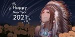  1girl 2021 breasts brown_hair cleavage commentary english_commentary field flower flower_field hanny_(uirusu_chan) headdress highres jewelry julia_chang long_hair looking_up native_american native_american_headdress necklace new_year night portrait smile solo tekken 