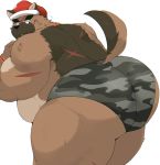  2020 absurd_res anthro belly bhtoss big_butt black_nose brown_body brown_fur butt canid canine canis christmas christmas_clothing christmas_headwear clothing domestic_dog fur hat headgear headwear hi_res holidays kemono male mammal overweight overweight_anthro overweight_male santa_hat scar simple_background solo tokyo_afterschool_summoners underwear video_games white_background yasuyori 