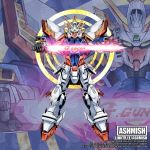  ashmish beam_saber energy_sword g_gundam glowing glowing_eyes god green_eyes gundam holding holding_sword holding_weapon horns mecha no_humans robot shining_gundam standing super_robot sword v-fin weapon 