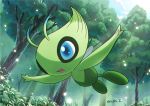  :d blue_eyes blue_sky celebi cloud cloudy_sky commentary_request creature day enishi_(menkura-rin10) flying forest full_body gen_2_pokemon grass happy highres mythical_pokemon nature no_humans open_arms open_mouth outdoors pokemon pokemon_(creature) signature sky smile solo sunlight tree 