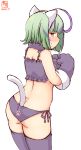  1girl alternate_costume animal_ears antenna_hair artist_logo bob_cut bra butt_plug cat_ears cat_lingerie cat_tail commentary_request cowboy_shot dated frilled_bra frills from_behind gloves green_hair highres kanon_(kurogane_knights) kantai_collection meme_attire multicolored_hair panties paw_gloves paw_print paws purple_bra purple_hair purple_panties sex_toy short_hair side-tie_panties simple_background solo tail take_(kantai_collection) underwear underwear_only white_background 