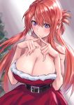  1girl aqua_eyes bangs bare_arms bare_shoulders belt belt_buckle blurry blurry_background blush breasts buckle christmas_tree collarbone commentary dress eyebrows_visible_through_hair fingers fingers_to_mouth fingers_together folded_ponytail hair_between_eyes half_updo hands_up high_belt highres index_fingers_together large_breasts long_hair looking_away low_neckline multicolored multicolored_eyes no_mouth original purple_eyes red_dress red_hair sakazuki_sudama santa_costume sidelocks sleeveless sleeveless_dress solo strapless strapless_dress upper_body 