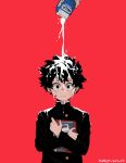  1boy artist_name bandaid bandaid_on_cheek bangs black_eyes black_hair boku_no_hero_academia book bullying closed_mouth commentary evelyn_art_05 freckles frown green_hair highres holding holding_book holding_carton long_sleeves looking_at_viewer male_focus midoriya_izuku milk milk_carton object_hug red_background school_uniform short_hair simple_background solo_focus spilling upper_body wet wet_clothes wet_hair younger 