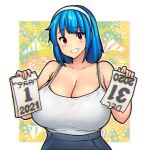  1girl bangs bare_shoulders blue_hair blue_skirt blush border breasts chromatic_aberration cleavage erkaz eyebrows_visible_through_hair grin hairband happy_new_year huge_breasts medium_hair new_year original red_eyes rina_atherina ripping skirt smile tank_top white_border white_hairband white_tank_top 