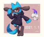  absurdres bespectacled clothed_pokemon dated fang fire gen_4_pokemon gen_5_pokemon glasses highres litwick long_sleeves mixed-language_commentary no_humans nullma open_mouth pokemon pokemon_(creature) purple_fire red_eyes riolu shiny signature smile tongue 