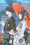  1boy 1girl bangs black_eyes black_hair blurry blurry_background blurry_foreground hair_ornament hair_over_eyes highres japanese_clothes kimono kinoebi lips nengajou new_year obi oil-paper_umbrella original outdoors parted_lips profile sash short_hair snowing umbrella 