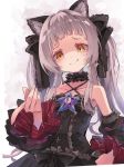  1girl alternate_costume animal_ears cat_ears collarbone commentary_request gothic_lolita hair_ornament highres hololive lolita_fashion long_hair murasaki_shion ninniku_mashimashi pointing shaded_face silver_hair simple_background smug twintails virtual_youtuber yellow_eyes 