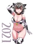  1girl 2021 alternate_costume animal_ears animal_print bangs bell black_hair blush boots breasts chinese_zodiac cleavage collar cow_ears cow_print cowbell elbow_gloves eyebrows_visible_through_hair gloves hair_between_eyes hair_flaps hair_ribbon jingei_(kantai_collection) kantai_collection large_breasts long_hair new_year red_eyes ribbon simple_background skindentation solo tamu_(mad_works) thigh_boots thighhighs white_background year_of_the_ox 