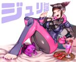  1girl :3 absurdres arm_wrap ass bangs bed_sheet biker_clothes bikesuit black_hair blunt_bangs bodysuit breasts chun-li collarbone crossed_legs cup drill_hair drink drinking_straw eating eye_(mememem) eyepatch feet fingerless_gloves food gloves han_juri highres huge_filesize looking_at_viewer medium_breasts nail_polish o-ring open_mouth partially_unzipped pillow pocky purple_eyes reclining sidelocks street_fighter street_fighter_iv_(series) stuffed_toy teeth thighs tray twin_drills umaibou white_background 