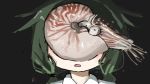  1girl animal black_background close-up covering_face dark_background dark_green_hair green_hair highres low_twintails nautilus_(animal) open_mouth original simple_background solo tsukumizu_yuu twintails 