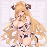 1girl animal_print bangs bell blonde_hair blue_eyes breasts brown_horns cleavage clenched_teeth collar commentary_request cow_print cow_tail cowbell draph embarrassed fake_tail granblue_fantasy highres horns large_breasts long_hair looking_down navel one-piece_swimsuit pointy_ears rastina solo swimsuit swimsuit_pull tail teeth thighhighs thighs translation_request u_jie 