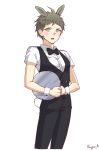  1boy ahoge alternate_costume animal_ears artist_name bangs black_pants blush bow bowtie brown_hair bunny_ears bunny_tail commentary_request danganronpa_(series) green_eyes grey_background hinata_hajime looking_at_viewer lower_teeth male_focus open_mouth pants rabbit_boy shirt short_hair simple_background solo songmil tail vest white_background wrist_cuffs 