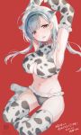  1girl animal_ears animal_print armpits arms_up bangs bikini blue_hair blush breasts brown_eyes cleavage collar cow_ears cow_print detached_sleeves extra_ears eyebrows_visible_through_hair highres large_breasts long_hair looking_at_viewer open_mouth original red_background restrained sitting solo swimsuit tadano_comina thighhighs 