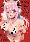  1girl 2021 animal_ears animal_print bell bikini breasts chinese_zodiac cow cow_ears cow_girl cow_horns cow_print cowbell glass happy_new_year headphones horns large_breasts milk momoko_amatsuka new_year nitroplus one_eye_closed pink_eyes pink_hair super_sonico swimsuit 