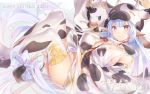  1girl 2021 animal_ears animal_print bangs bare_shoulders bikini blue_hair blush breasts cleavage closed_mouth cow cow_ears cow_girl cow_hat cow_horns cow_print cow_tail detached_collar detached_sleeves draph ear_piercing granblue_fantasy happy_new_year horns large_breasts long_hair looking_at_viewer new_year piercing pointy_ears purple_eyes shatola_(granblue_fantasy) sheer_clothes shiyun short_shorts shorts smile swimsuit tail thighhighs thighs white_bikini white_legwear white_shorts wide_sleeves 
