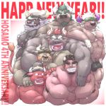  1:1 2021 ahab_(tas) anthro asterios beard belly blush bovid bovine brown_body brown_fur butt cape_buffalo cattle chinese_new_year chinese_zodiac clothing european_mythology eyes_closed facial_hair fire_pirate fur greek_mythology group gyumao hat headgear headwear hi_res holidays hug hugging_from_behind humanoid_hands male mammal marduk_(tas) meimei_kia minotaur moobs musclegut muscular muscular_male mythology new_year one_eye_closed overweight overweight_male red_body red_fur shennong sitting tetsuox tokyo_afterschool_summoners video_games wink year_of_the_ox 