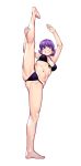  1girl absurdres barefoot bikini blush breasts full_body hamada_yoshikazu highres kyouka_(tsugumomo) navel nipples purple_eyes purple_hair purple_nails short_hair simple_background solo split standing standing_on_one_leg standing_split swimsuit tsugumomo white_background 