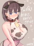  1girl 2021 ai-chan_(tawawa) akeome animal_ears bangs bare_shoulders bell bell_collar blue_eyes blush braid breast_hold breasts brown_hair chinese_zodiac cleavage cleavage_cutout clothing_cutout collar cow_ears cow_girl cow_horns cowbell crop_top embarrassed eyebrows_visible_through_hair fake_animal_ears getsuyoubi_no_tawawa happy_new_year highres himura_kiseki horns large_breasts looking_at_viewer medium_hair new_year solo sweatdrop wavy_mouth 