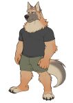  5_fingers adios anthro black_eyes brown_body brown_fur canid canine canis clothed clothing domestic_dog fingers fur grey_tail hi_res male mammal solo 