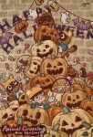  2020 animal_crossing anthro apron brown_body brown_fur candy canid canine clothing dessert detailed_background food fur group halloween hat headgear headwear hi_res holidays human kemono mammal nintendo raccoon_dog shirt tanuki timmy_nook tommy_nook topwear video_games villager_(animal_crossing) yudqb2 