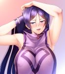  1girl 846-gou bare_shoulders blush breast_curtain breasts covered_nipples fate/grand_order fate_(series) huge_breasts long_hair looking_at_viewer minamoto_no_raikou_(fate/grand_order) open_mouth purple_eyes purple_hair smile solo sweat very_long_hair 