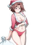  1girl azumi_(girls_und_panzer) bangs bikini blue_eyes blush breasts brown_hair christmas cleavage closed_mouth commentary cowboy_shot fur-trimmed_jacket fur_trim girls_und_panzer half-closed_eyes hat holding holding_sack jacket large_breasts long_sleeves looking_at_viewer navel parted_bangs red_bikini red_headwear red_jacket sack santa_bikini santa_hat shadow short_hair simple_background smile solo standing swimsuit twitter_username white_background yts_takana 