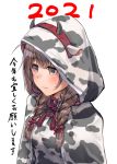  1girl 2021 adapted_costume animal_print braid breasts brown_eyes brown_hair capelet chinese_zodiac commentary_request cow_print dress highres hood hood_up hooded_capelet kantai_collection large_breasts long_hair shinshuu_maru_(kantai_collection) simple_background solo translation_request twin_braids upper_body white_background white_capelet white_dress year_of_the_ox zombie_mogura 