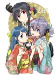  2021 3girls alternate_costume alternate_hairstyle aoba_(kantai_collection) bangs black_hair blue_eyes blue_hair blue_kimono bow commentary_request floral_print gradient_hair green_bow hair_bow hair_ornament japanese_clothes kantai_collection kimono long_hair looking_at_viewer multicolored_hair multiple_girls orange_kimono ponytail purple_hair red_eyes sagamiso samidare_(kantai_collection) scrunchie short_hair swept_bangs upper_body v very_long_hair yamashiro_(kantai_collection) 