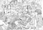  2021 3boys 6+girls absurdres ahoge bangs berserker_(fate/zero) bowl box breasts cup double_bun dress earrings eating fate/apocrypha fate/extra fate/extra_ccc fate/grand_order fate_(series) food fujimaru_ritsuka_(female) gift gift_box graphite_(medium) greyscale hair_ribbon happy_new_year headpiece highres horns jack_the_ripper_(fate/apocrypha) jeanne_d&#039;arc_(fate)_(all) jeanne_d&#039;arc_alter_santa_lily jewelry kama_(fate/grand_order) kojima_takeshi large_breasts leonidas_(fate/grand_order) long_hair long_sleeves monochrome multiple_boys multiple_girls new_year one_side_up open_mouth plate ribbon scar scar_on_face scathach_(fate)_(all) scathach_skadi_(fate/grand_order) sesshouin_kiara short_hair sitonai small_breasts smile spartacus_(fate) striped striped_ribbon table tiara traditional_media wavy_hair yang_guifei_(fate/grand_order) 