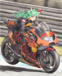  1girl barrier bibendum biker_clothes bikesuit black_footwear black_gloves character_name colored_pencil_(medium) day ex-keine expressionless gloves green_hair ground_vehicle highres horn_ornament horn_ribbon horns kamishirasawa_keine ktm_ag long_hair looking_to_the_side michelin motor_vehicle motorcycle number outdoors racetrack red_bull red_eyes ribbon rpracing solo sponsor touhou traditional_media 