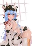  1girl absurdres animal_ears animal_print bangs bare_shoulders bikini blue_hair blush breasts cleavage cow_ears cow_girl cow_hat cow_horns cow_print detached_collar detached_sleeves draph ear_piercing granblue_fantasy highres horns large_breasts long_hair looking_at_viewer navel open_mouth piercing pm_tii_(matuko1024) pointy_ears purple_eyes shatola_(granblue_fantasy) sheer_clothes short_shorts shorts swimsuit thighhighs thighs white_bikini white_legwear white_shorts wide_sleeves 