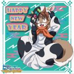  1boy 2021 :3 animal_costume artist_request black_gloves brown_eyes brown_hair chinese_zodiac copyright_name cow_costume dog_boy dog_tail english_text fang freddie_(gundam_build_divers_re:rise) furry gloves gundam gundam_build_divers gundam_build_divers_re:rise happy_new_year highres logo looking_up male_focus new_year official_art open_mouth solo tail year_of_the_ox 